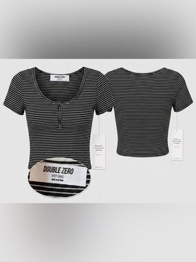 Double Zero Striped Ribbed Henley Crop Top - NWT